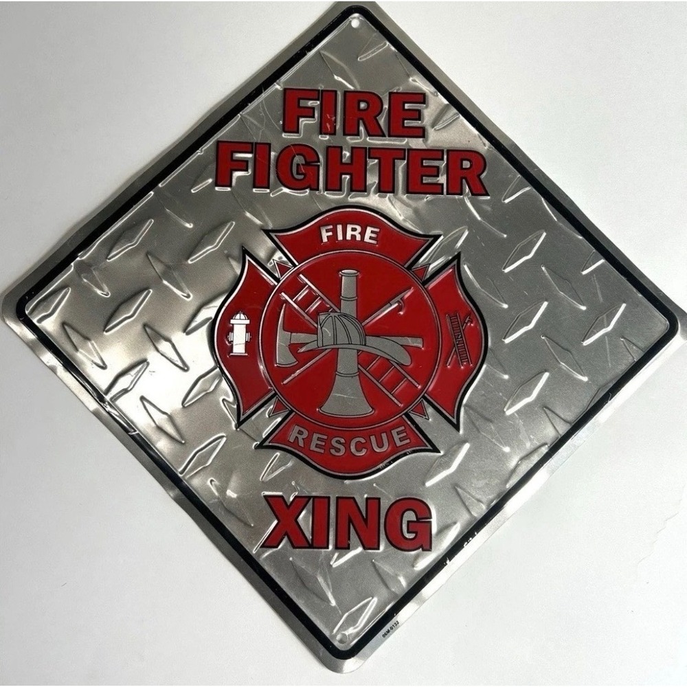 Fire Fighter Crossing Metal Sign Embossed Diamond Plate Fire Rescue 12x12 Silver